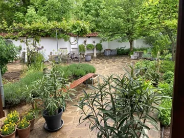 Stone-paved garden courtyard featuring potted plants, trees, wooden chairs, and two bust sculptures on pedestals against a white wall.